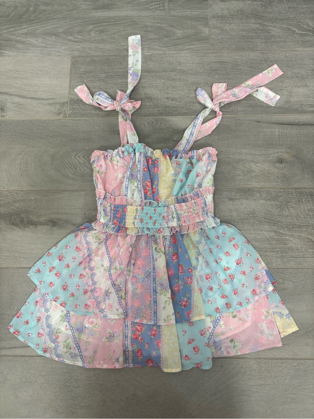 Peach Love California Pastel Floral Tiered Romper with Bow Straps